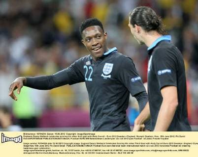 Englands Danny Welbeck celebrates scoring his sides third goal with Andy Carroll - Euro 2012 Sweden v England, Olympic Stadium, Kiev, 15th June 2012. Pic David Klein SPORTIMAGE EDITORIAL USE ONLY. No use with unauthorised audio, video, data, fixture lists, club league logos or live services. Online in-match use limited to 120 images, no video emulation. No use in betting, games or single club league player publications.