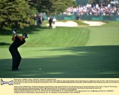 Tiger Woods hits down the 15th fairway during the second round of the 112th U.S. Open at the Olympic Club in San Francisco, California on June 15, 2012. Tiger finished even for the day and is currently tied for first place at one-under-par with a 139.  SFP20120615351