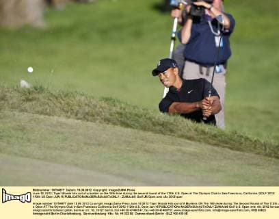 June 15, 2012: Tiger Woods hits out of a bunker on the 18th hole during the second round of the 112th U.S. Open at The Olympic Club in San Francisco, California. GOLF 2012: 112th US Open JUN 15 - ZUMAcb8