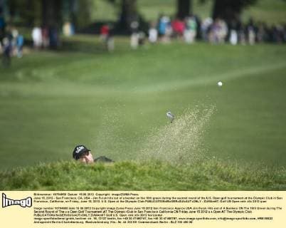 June 15, 2012 - San Francisco, CA, USA - Jim Furyk hits out of a bunker on the 16th green during the second round of the U.S. Open golf tournament at the Olympic Club in San Francisco, California, on Friday, June 15, 2012. U.S. Open at the Olympic Club - ZUMAm67