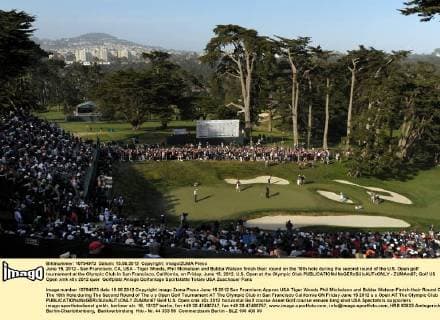 June 15, 2012 - San Francisco, CA, USA - Tiger Woods, Phil Mickelson and Bubba Watson finish their round on the 18th hole during the second round of the U.S. Open golf tournament at the Olympic Club in San Francisco, California, on Friday, June 15, 2012. U.S. Open at the Olympic Club - ZUMAm67