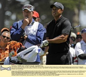 June 15, 2012 - San Francisco, CA, USA - Tiger Woods chats with his caddie, Joe Lacava, before teeing off on the 4th hole during the second round of the U.S. Open golf tournament at the Olympic Club in San Francisco, California, on Friday, June 15, 2012. U.S. Open at the Olympic Club - ZUMAm67