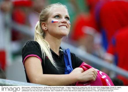 A Czech Republic fan cheers her side on..Euro 2012 Group Stage (Group A) match, Czech Republic at the Municipal Stadium, Wroclaw on the 16th June 2012. EDITORIAL USE ONLY. No use with unauthorised audio, video, data, fixture lists, club league logos or live services. Online in-match use limited to 120 images, no video emulation. No use in betting, games or single club league player publications.