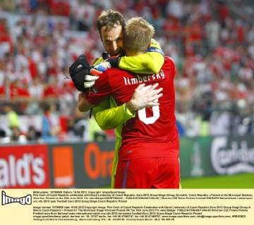 Petr Cech of Czech Republic celebrates with David Limbersky of Czech Republic..Euro 2012 Group Stage (Group A) match, Czech Republic v Poland at the Municipal Stadium, Wroclaw, Poland on the 16th June 2012. Pic Jake Badger SPORTIMAGE... EDITORIAL USE ONLY. No use with unauthorised audio, video, data, fixture lists, club league logos or live services. Online in-match use limited to 120 images, no video emulation. No use in betting, games or single club league player publications.
