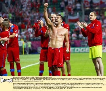 Milan Baros of Czech Republic celebrates after the final whistle..Euro 2012 Group Stage (Group A) match, Czech Republic v Poland at the Municipal Stadium, Wroclaw, Poland on the 16th June 2012. Pic Jake Badger SPORTIMAGE... EDITORIAL USE ONLY. No use with unauthorised audio, video, data, fixture lists, club league logos or live services. Online in-match use limited to 120 images, no video emulation. No use in betting, games or single club league player publications.