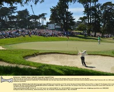 Jim Furyk hits out of the and to the second green on day three of the U.S. Open at the Olympic Club in San Francisco on June 16, 2012.  SFP2012061609