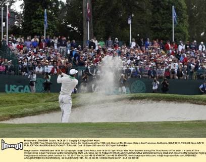 June 16, 2012: Tiger Woods hits from bunker during the third round of the 112th U.S. Open at The Olympic Club in San Francisco, California. GOLF 2012: 112th US Open JUN 16 - ZUMAcb8
