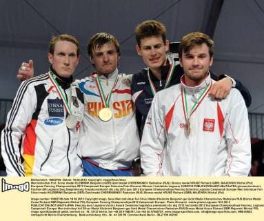 Men Individual Foil; Silver medal KLEIBRINK Benjamin (GER);Gold medal CHEREMISINOV Radoslaw (RUS); Bronze medal KRUSE Richard (GBR); MAJEWSKI Michal (Pol); European Fencing Championships 2012 Campionati Europei Scherma Foto Giovanni Minozzi Insidefoto Legnano 16 6 2012 giovannixminozzi