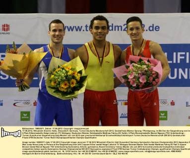 17.06.2012, Mitsubishi Electric Halle, Düsseldorf, Germany, Turnen Deutsche Meisterschaft 2012, Gerätefinale Männer Sprung Pferdsprung, im Bild bei der Seigerehrung von links 2.Platz Silbermedaille Helge Liebrich (TV Wetzgau), Deutscher Meister Goldmedaille Matthias Fahrig (SV Halle), 3.Platz Bronzemedaille Marcel Nguyen (TSV Unterhaching)