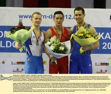 17.06.2012, Mitsubishi Electric Halle, Düsseldorf, Germany, Turnen Deutsche Meisterschaft 2012, Gerätefinale Männer Barren, im Bild bei der Siegerehrung von links 2.Platz Silbermedaille Fabian Hambüchen Hambuechen (TSG Niedergirmes), Deutscher Meister Goldmedaille Marcel Nguyen (TSV Unterhaching), 3.Platz Bronzemedaille Sebastian Krimmer (MTV Stuttgart)