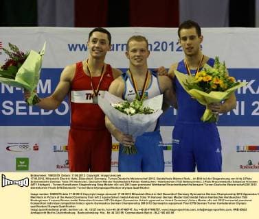 17.06.2012, Mitsubishi Electric Halle, Düsseldorf, Germany, Turnen Deutsche Meisterschaft 2012, Gerätefinale Männer Reck, , im Bild bei der Siegerehrung von links 2.Platz Silbermedaille Andreas Toba (TK Hannover), Deutscher Meister Goldmedaille Fabian Hambüchen Hambuechen (TSG Niedergirmes), 3.Platz Bronzemedaille Sebastian Krimmer (MTV Stuttgart)