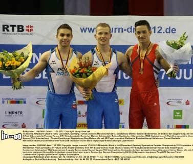 17.06.2012, Mitsubishi Electric Halle, Düsseldorf, Germany, Turnen Deutsche Meisterschaft 2012, Gerätefinale Männer Boden Bodenturnen, im Bild bei der Siegerehrung von links 2.Platz Silbermedaille Thomas Taranu (KTV Straubenhardt), Deutscher Meister Goldmedaille Fabian Hambüchen Hambuechen (TSG Niedergirmes), 3.Platz Bronzemedaille Marcel Nguyen (TSV Unterhaching)