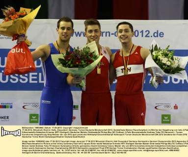17.06.2012, Mitsubishi Electric Halle, Düsseldorf, Germany, Turnen Deutsche Meisterschaft 2012, Gerätefinale Männer Pauschenpferd, im Bild bei der Siegehrung von links 2.Platz Silbermedaille Sebastian Krimmer (MTV Stuttgart), Deutscher Meister Goldmedaille Philipp Boy (SC Cottbus), 3.Paltz Bronzemedaille Andreas Toba (TK Hannover)