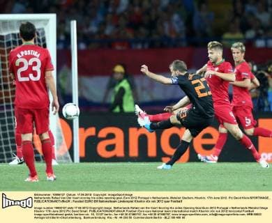 Netherlands Rafael Van Der Vaart scoring his sides opening goal..Euro 2012 Portugal v Netherlands, Metalist Stadium, Kharkiv, 17th June 2012. Pic David Klein SPORTIMAGE... EDITORIAL USE ONLY. No use with unauthorised audio, video, data, fixture lists, club league logos or live services. Online in-match use limited to 120 images, no video emulation. No use in betting, games or single club league player publications.