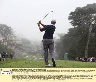 Webb Simpson tees off on the on the 18th hole in the final round of the U.S. Open at the Olympic Club in San Francisco on June 17, 2012. Simpson won by a stroke at one over par with a combined score of 281.  SFP2012061732