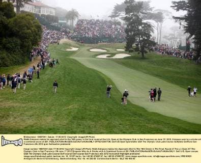 Webb Simpson makes his approach shot to the 18th green in the final round of the U.S. Open at the Olympic Club in San Francisco on June 17, 2012. Simpson won by a stroke with a combined score of 281.  SFP2012061736