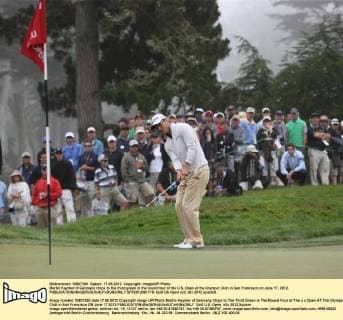 Martin Kaymer of Germany chips to the third green in the round four of the U.S. Open at the Olympic Club in San Francisco on June 17, 2012.  SFP2012061719