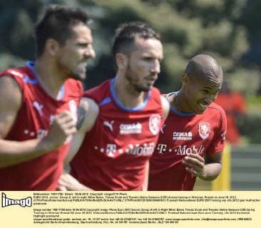 EURO 2012, soccer, Group A, left to right: Milan Baros, Tomas Sivok and Theodor Gebre Selassie (CZE) during training in Wroclaw, Poland on June 18, 2012. (CTKxPhoto KaterinaxSulova)  CTKPhoto501201206180463301