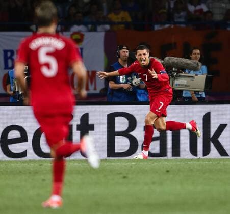 17.06.2012. Kharkiv, Ukraine. Cristiano Ronaldo celebrates one of his two goals in the game during the Euro 2012 football championships match Portugal vs. Netherlands, on June 17, 2012 at the Metalist stadium in Kharkiv. Portugal won the game by a score of 2-1 to move into the next round and eliminate Holland. xMALOLETKAxEVGENIYx  ActionPlus11292422