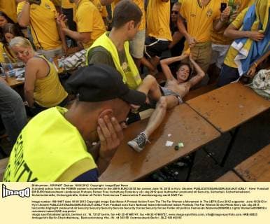 A protest action from the FEMEN women s movement in the UEFA EURO 2012 fan zoneon June 19, 2012 in Kyiv, Ukraine. 