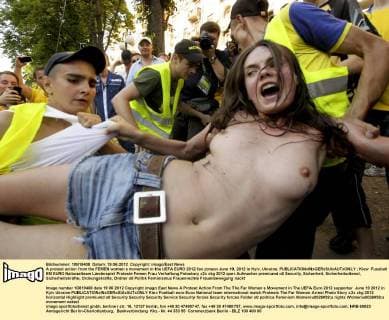 A protest action from the FEMEN women s movement in the UEFA EURO 2012 fan zoneon June 19, 2012 in Kyiv, Ukraine. 