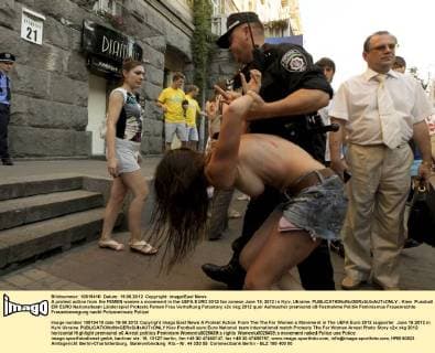 A protest action from the FEMEN women s movement in the UEFA EURO 2012 fan zoneon June 19, 2012 in Kyiv, Ukraine. 