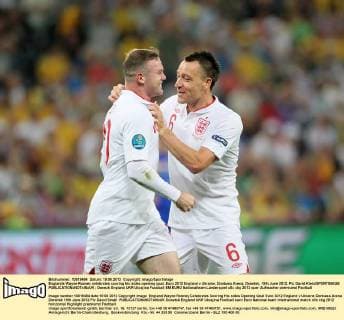 Englands Wayne Rooney celebrates scoring his sides opening goal..Euro 2012 England v Ukraine, Donbass Arena, Donetsk, 19th June 2012. Pic David Klein SPORTIMAGE EDITORIAL USE ONLY. No use with unauthorised audio, video, data, fixture lists, club league logos or live services. Online in-match use limited to 120 images, no video emulation. No use in betting, games or single club league player publications.