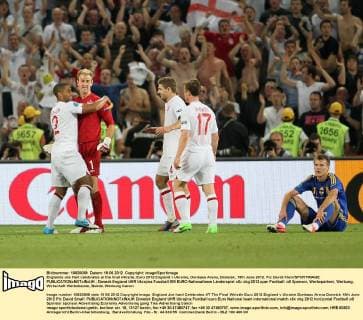 Englands Joe Hart celebrates at the final whistle..Euro 2012 England v Ukraine, Donbass Arena, Donetsk, 19th June 2012. Pic David Klein SPORTIMAGE EDITORIAL USE ONLY. No use with unauthorised audio, video, data, fixture lists, club league logos or live services. Online in-match use limited to 120 images, no video emulation. No use in betting, games or single club league player publications.