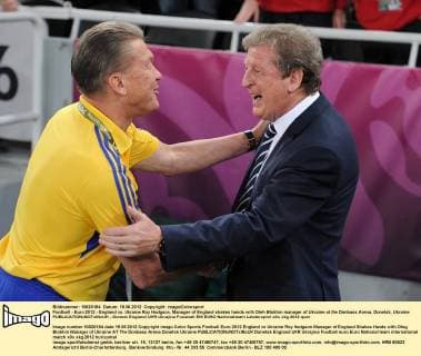 Football - Euro 2012 - England vs. Ukraine Roy Hodgson, Manager of England shakes hands with Oleh Blokhin manager of Ukraine at the Donbass Arena, Donetsk, Ukraine 