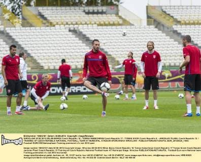 WROCLAW 20 06 2012 MILAN BAROS Czech Republic 15 - TOMAS HUBSCHMAN Czech Republic 17 - TOMAS SIVOK Czech Republic 6 - JAROSLAV PLASIL Czech Republic 13 TRAINING OF CZECH REPUBLIC NATIONAL FOOTBALL TEAM AT MUNICIPAL STADIUM OPOROWSKA WROCLAW -  BOR_20120620_1980