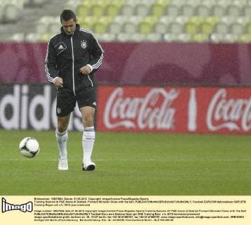Training Session at PGE Arena of Gdansk. Forward Miroslav Klose with the ball. 