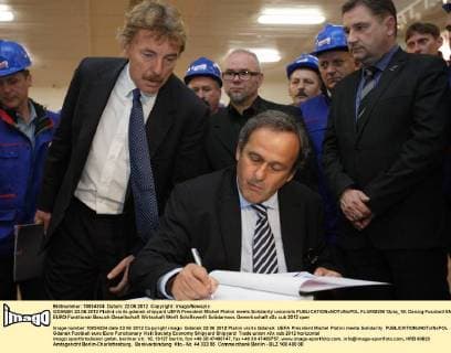 GDANSK 22.06.2012 Platini visits gdansk shipyard UEFA President Michel Platini meets Solidarity unionists  FLUMI220612pla_19