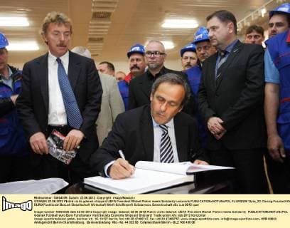 GDANSK 22.06.2012 Platini visits gdansk shipyard UEFA President Michel Platini meets Solidarity unionists  FLUMI220612pla_20