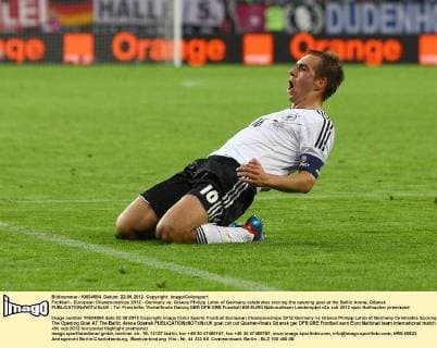 Football - European Championships 2012 - Germany vs. Greece Philipp Lahm of Germany celebrates scoring the opening goal at the Baltic Arena, Gdansk 