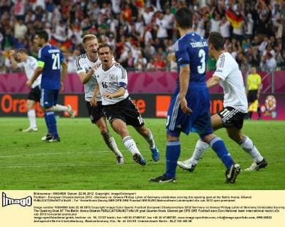 Football - European Championships 2012 - Germany vs. Greece Philipp Lahm of Germany celebrates scoring the opening goal at the Baltic Arena, Gdansk 