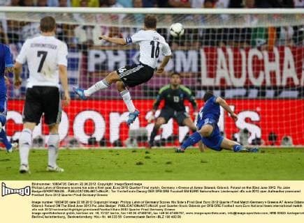 Philipp Lahm of Germany scores his side s first goal..Euro 2012 Quarter Final match, Germany v Greece at Arena Gdansk, Gdansk, Poland on the 22nd June 2012. Pic Jake Badger SPORTIMAGE... EDITORIAL USE ONLY. No use with unauthorised audio, video, data, fixture lists, club league logos or live services. Online in-match use limited to 120 images, no video emulation. No use in betting, games or single club league player publications.