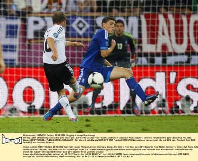 Philipp Lahm of Germany scores his side s first goal..Euro 2012 Quarter Final match, Germany v Greece at Arena Gdansk, Gdansk, Poland on the 22nd June 2012. Pic Jake Badger SPORTIMAGE... EDITORIAL USE ONLY. No use with unauthorised audio, video, data, fixture lists, club league logos or live services. Online in-match use limited to 120 images, no video emulation. No use in betting, games or single club league player publications.