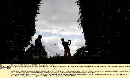 22.06.2012, Pulheim bei Köln: Marcel Siem beim Abschlag als Silhouette während des Golfturniers BMW International Open auf Gut Lärchenhof.