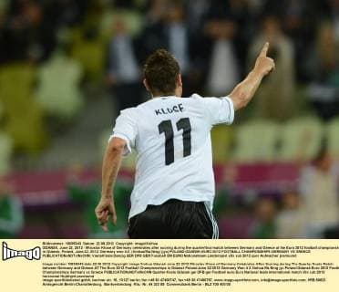 GDANSK, June 22, 2012 - Miroslav Klose of Germany celebrates after scoring during the quarterfinal match between Germany and Greece at the Euro 2012 football championships in Gdansk, Poland, June 22, 2012. Germany won 4-2. (Xinhua Ma Ning) (jyc) POLAND-GDANSK-EURO 2012 FOOTBALL CHAMPIONSHIPS-GERMANY VS GREECE 