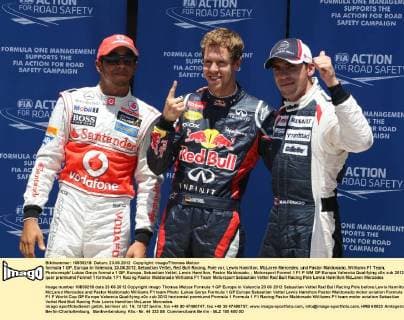 formula 1 GP, Europa in Valencia, 23.06.2012, Sebastian Vettel, Red Bull Racing, Pole vor, Lewis Hamilton, McLaren Mercedes, und Pastor Maldonado, Williams F1 Team, Photo:mspb Lukas Gorys formula 1 GP, Europa, Sebastian Vettel, Lewis Hamilton, Pastor Maldonado,