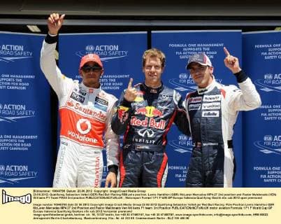 23.06.2012- Qualifying, Sebastian Vettel (GER) Red Bull Racing RB8 pole position, Lewis Hamilton (GBR) McLaren Mercedes MP4-27 2nd position and Pastor Maldonado (VEN) Williams F1 Team FW34 3rd position 