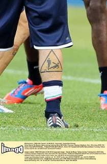 Italys Daniel De Rossis tattoo during training..Euro 2012 Italy Training, Olympic Stadium, Kiev, 23rd June 2012. Pic David Klein SPORTIMAGE... EDITORIAL USE ONLY. No use with unauthorised audio, video, data, fixture lists, club league logos or live services. Online in-match use limited to 120 images, no video emulation. No use in betting, games or single club league player publications.