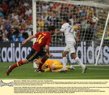 Player of the national team of Spain Xabi Alonso scores a goal On June 23, 2012 the Donbass Arena Stadium in Donetsk, Ukraine hosted a match of the quarterfinals of UEFA EURO 2012 between the national teams of Spain and France. Spain won 2-0. 