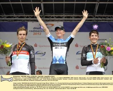 Podium v.l.n.r. - (2.) Linus GERDEMANN ( GER Team RadioShack - Nissan ) - (1.) Fabian WEGMANN ( GER Garmin - Barracuda ) - (3.) Julian KERN ( GER Team Leopard - Trek ) - Siegerehrung - Jubel - Freude - Emotionen - quer - Event: Deutsche Meisterschaften - Strasse - Location: Grimma - Deutschland - Europa - Datum: 24.06.2012 - Contact