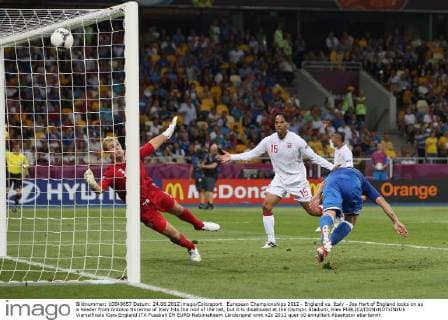European Championships 2012 - England vs. Italy - Joe Hart of England looks on as a header from Antonio Nocerino of Italy hits the roof of the net, but it is disallowed at the Olympic Stadium, Kiev 