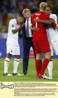 Ashley Cole of England is consoled by England manager Roy Hodgson..Euro 2012 QuarterFinal match, England v Italy at the Olympic Stadium, Kiev, Ukraine on the 24th June 2012. EDITORIAL USE ONLY. No use with unauthorised audio, video, data, fixture lists, club league logos or live services. Online in-match use limited to 120 images, no video emulation. No use in betting, games or single club league player publications.