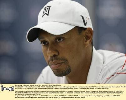 June 26, 2012 - Bethesda, Maryland, U.S. - TIGER WOODS talks to the media before going out for his practice round at the AT&T National at Congressional Country Club. PGA Golf Herren 2012 - AT&T National - Tiger Woods Press Conference - ZUMAcn4