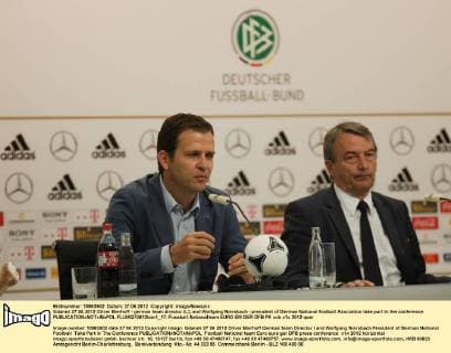 Gdansk 27.06.2012 Oliver Bierhoff - german team director (L), and Wolfgang Niersbach - president of German National football Asociation take part in the conference  FLUMI270612kon1_17