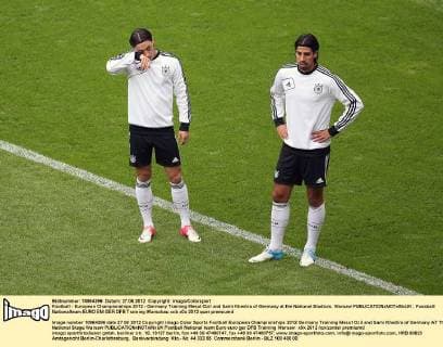 Football - European Championships 2012 - Germany Training Mesut Ozil and Sami Khedira of Germany at the National Stadium, Warsaw 