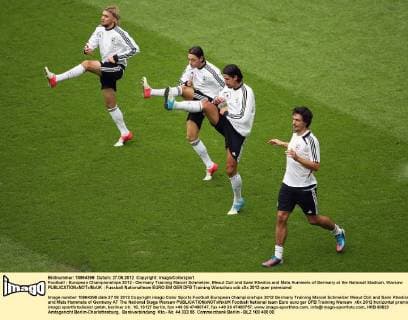 Football - European Championships 2012 - Germany Training Marcel Schmelzer, Mesut Ozil and Sami Khedira and Mats Hummels of Germany at the National Stadium, Warsaw 